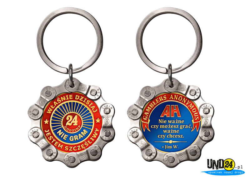 Designerski brelok - Medal Anonimowi Hazardziści - 24 Godziny - Kolorowy w Amerykańskim Stylu w Łańcuchu